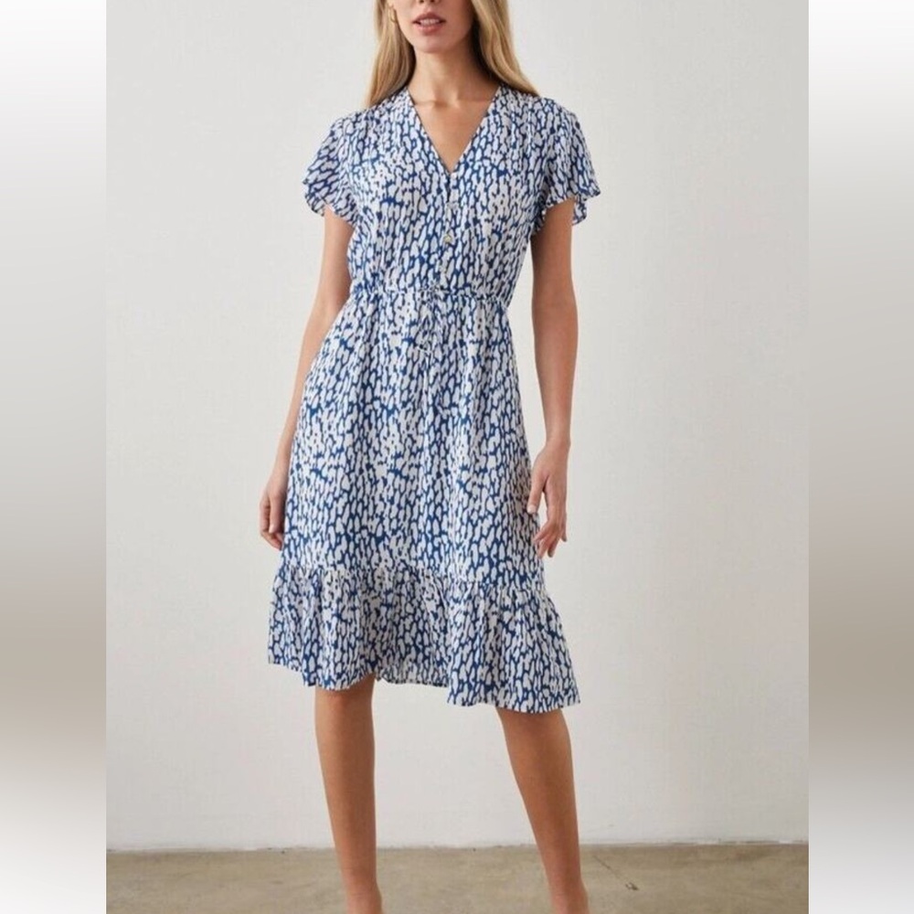 Rails Kiki Dress Size Small Cobalt Static Leopard Blue White Short Sleeve V-Neck